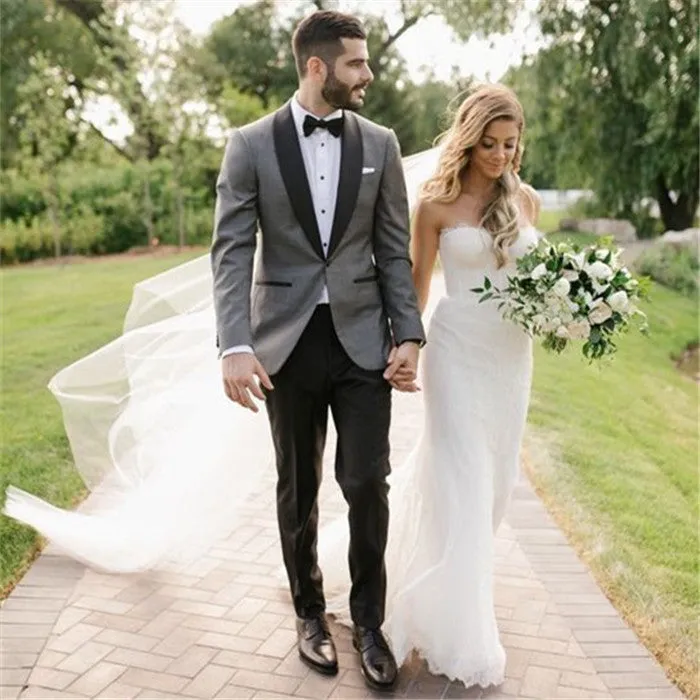 Fashion Gray Shawl Lapel Wedding Suit One Button Men Suit
