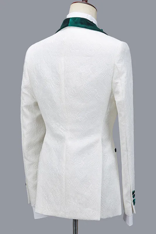 Fashion Jacquard Three Pieces White Wedding Suit with Green Lapel