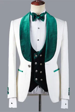 Fashion Jacquard Three Pieces White Wedding Suit with Green Lapel