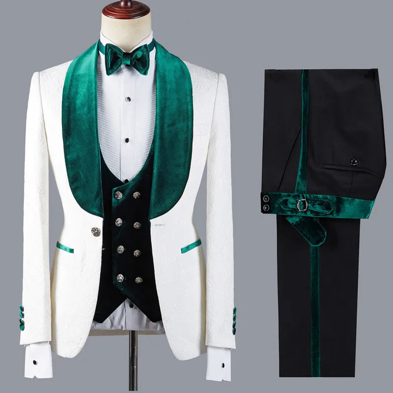 Fashion Jacquard Three Pieces White Wedding Suit with Green Lapel