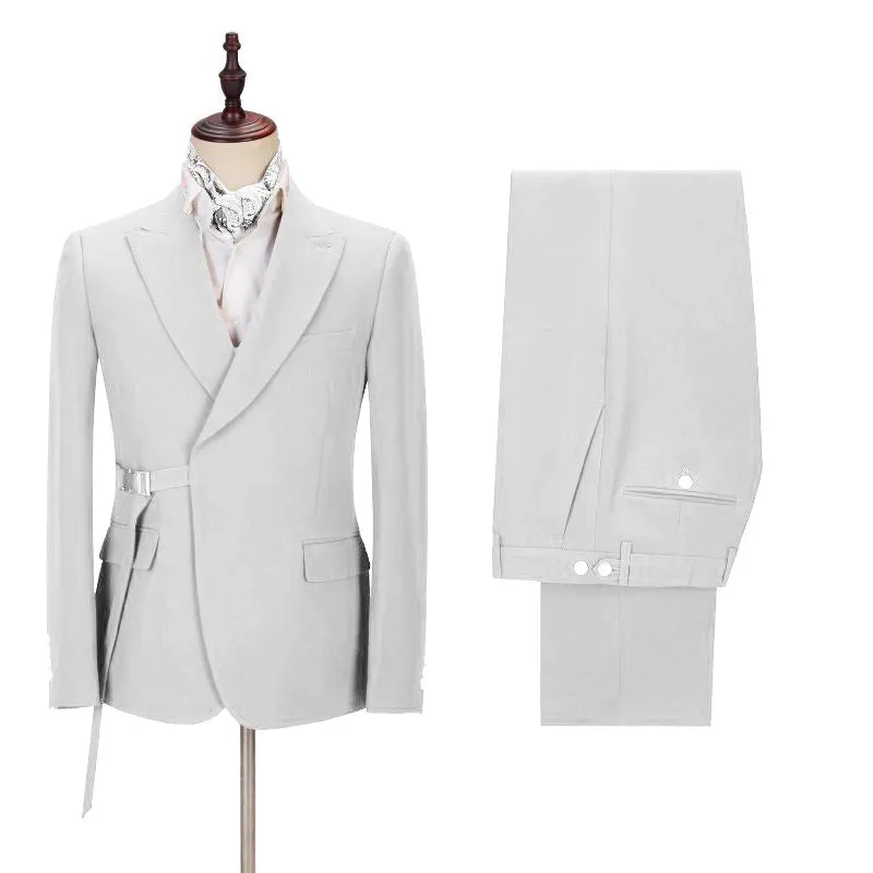 Fashion Peaked Lapel  Silver Men Suits with Adjustable Buckle