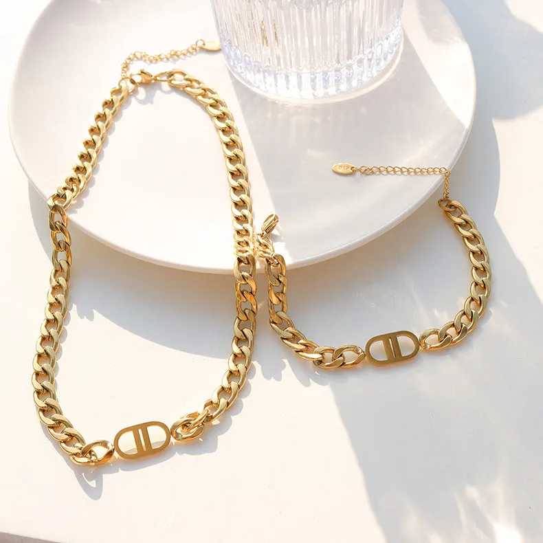 Figaro Chain 18K Gold Plated Stainless Steel Trendy Geometric Pendant Bracelet For Women