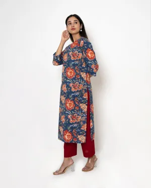 Floral Dawn Handblock Print Blue Cotton Kurta Set