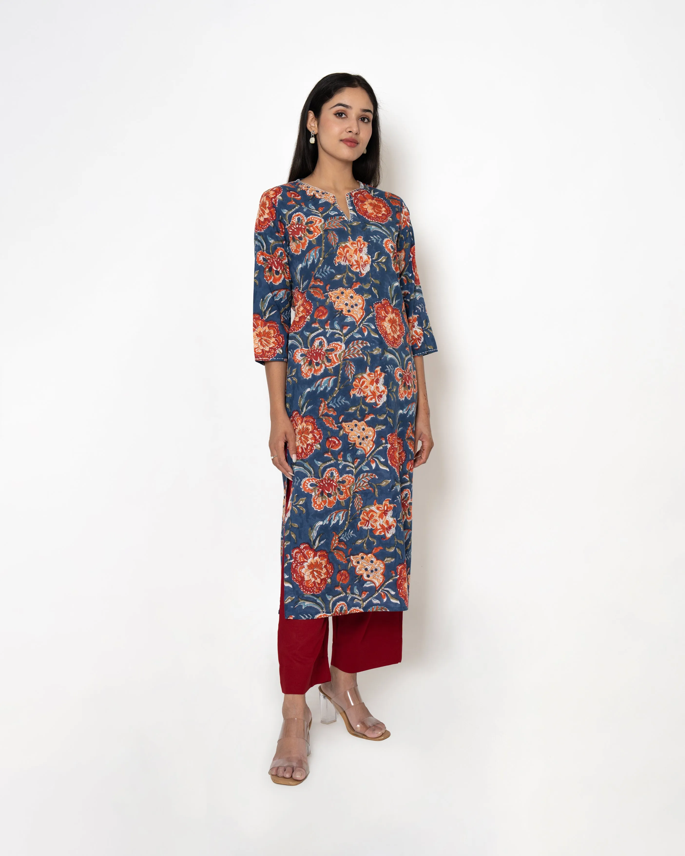 Floral Dawn Handblock Print Blue Cotton Kurta Set