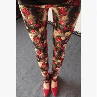 Floral patterned Printed Leggings Fashion Women Lady Slim Cotton Pants Black white Vintage graffiti trousers