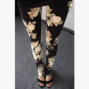 Floral patterned Printed Leggings Fashion Women Lady Slim Cotton Pants Black white Vintage graffiti trousers