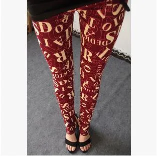 Floral patterned Printed Leggings Fashion Women Lady Slim Cotton Pants Black white Vintage graffiti trousers