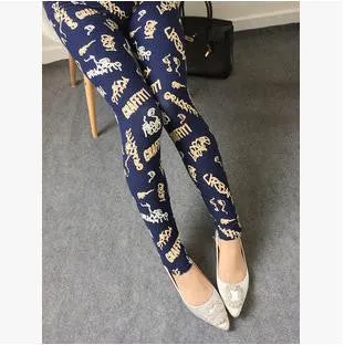 Floral patterned Printed Leggings Fashion Women Lady Slim Cotton Pants Black white Vintage graffiti trousers