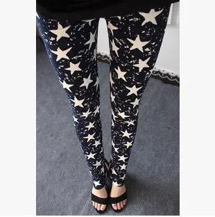 Floral patterned Printed Leggings Fashion Women Lady Slim Cotton Pants Black white Vintage graffiti trousers