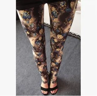 Floral patterned Printed Leggings Fashion Women Lady Slim Cotton Pants Black white Vintage graffiti trousers