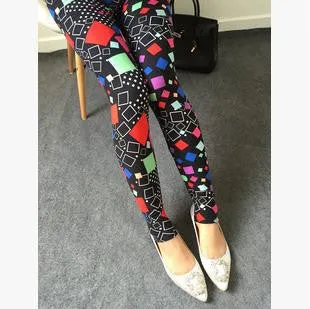 Floral patterned Printed Leggings Fashion Women Lady Slim Cotton Pants Black white Vintage graffiti trousers