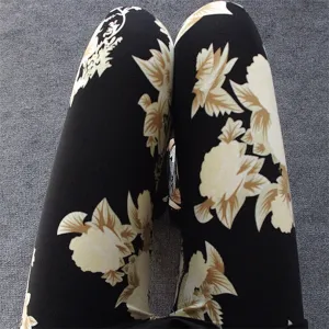 Floral patterned Printed Leggings Fashion Women Lady Slim Cotton Pants Black white Vintage graffiti trousers