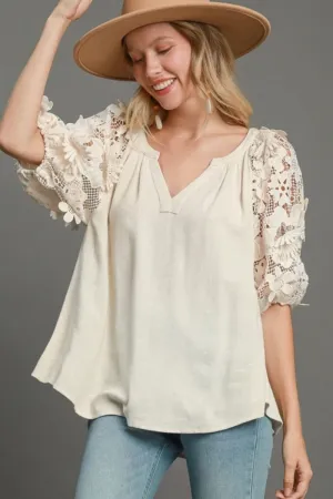 French Terry Linen Blend Floral Sleeve Top