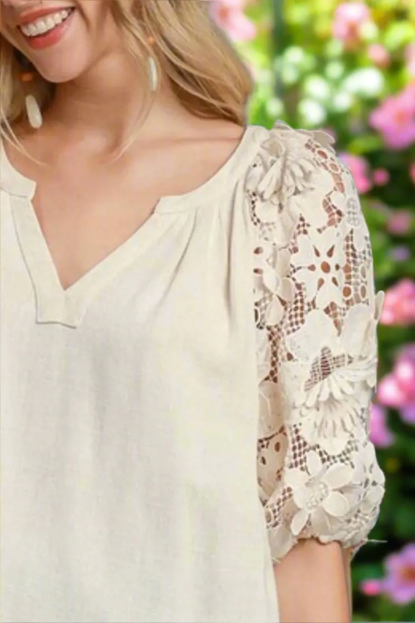 French Terry Linen Blend Floral Sleeve Top