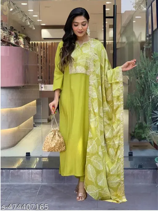 FRILLFIT: Lime Green Printed Kurti Set with Dupatta