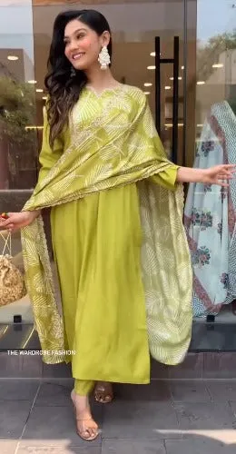 FRILLFIT: Lime Green Printed Kurti Set with Dupatta