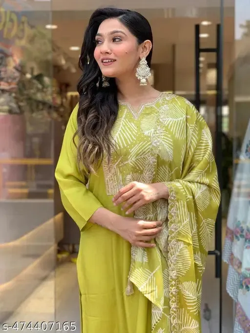FRILLFIT: Lime Green Printed Kurti Set with Dupatta