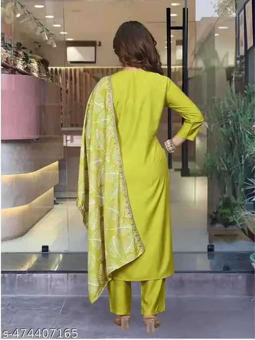 FRILLFIT: Lime Green Printed Kurti Set with Dupatta