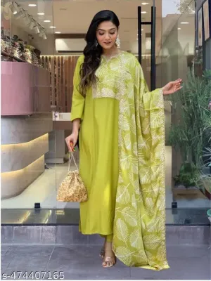 FRILLFIT: Lime Green Printed Kurti Set with Dupatta
