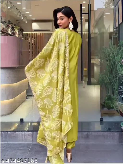 FRILLFIT: Lime Green Printed Kurti Set with Dupatta