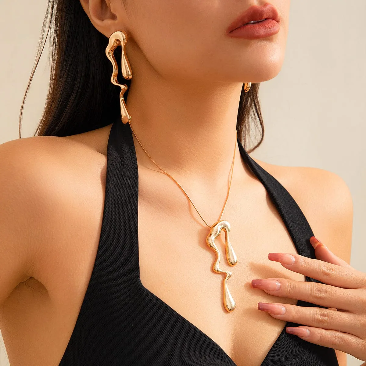 Geometric Irregular Liquid Waterdrop Earrings Necklace Set