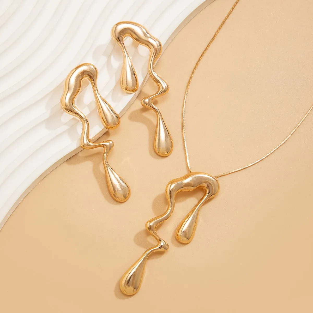 Geometric Irregular Liquid Waterdrop Earrings Necklace Set