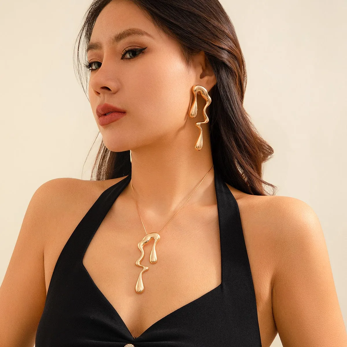 Geometric Irregular Liquid Waterdrop Earrings Necklace Set