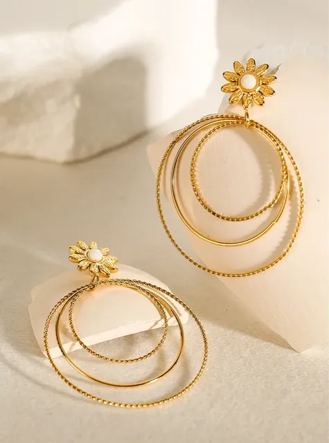 Geometric Multi-Layer Circle White Shell Flower Drop Earrings