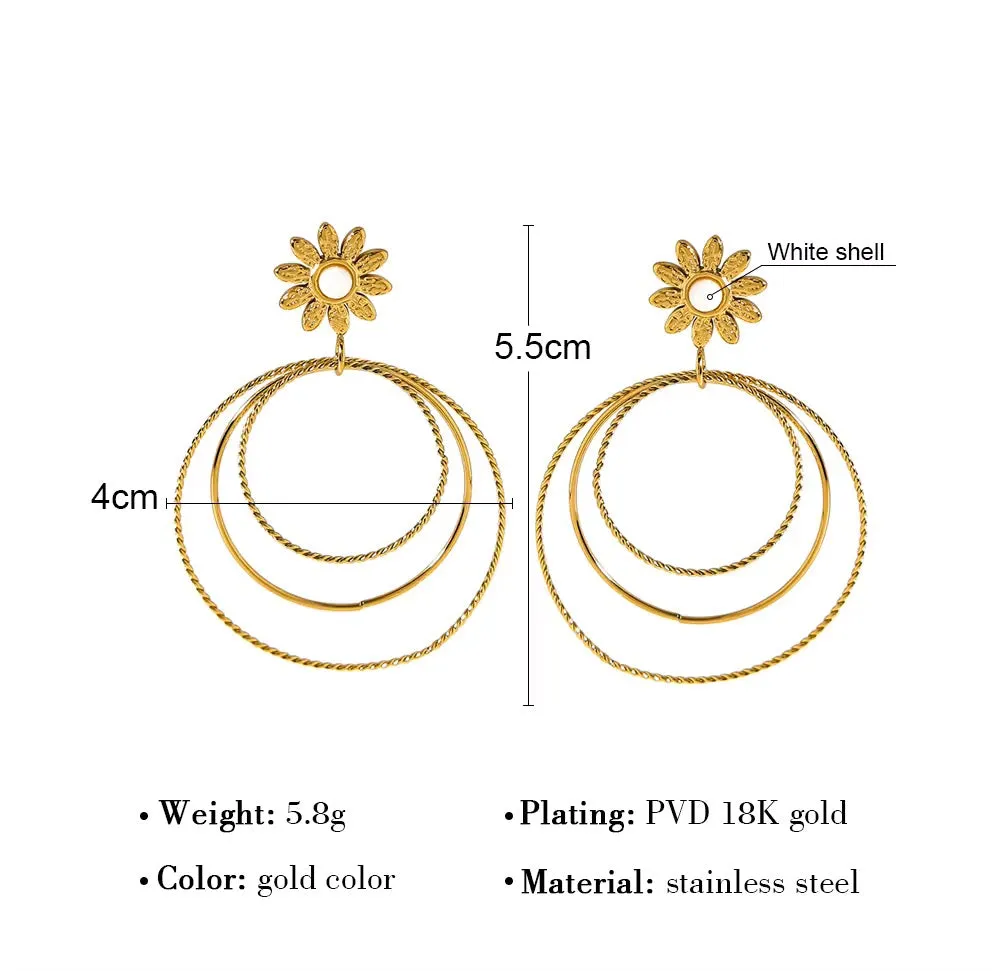 Geometric Multi-Layer Circle White Shell Flower Drop Earrings