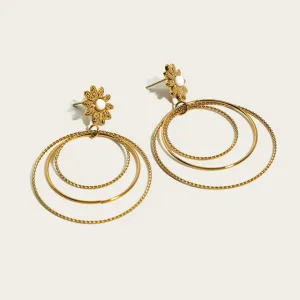 Geometric Multi-Layer Circle White Shell Flower Drop Earrings