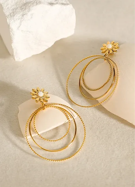 Geometric Multi-Layer Circle White Shell Flower Drop Earrings