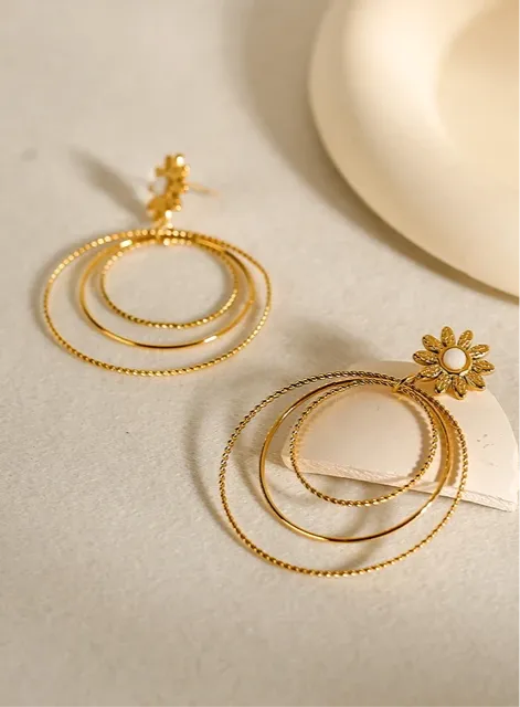 Geometric Multi-Layer Circle White Shell Flower Drop Earrings