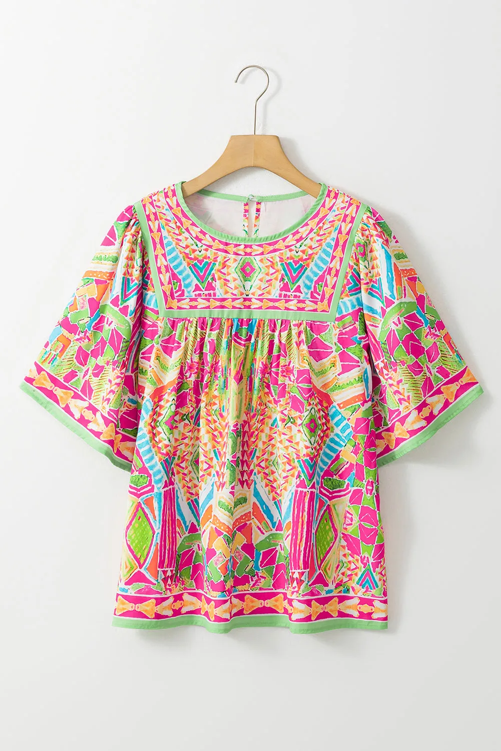 Geometric Print Bell Sleeve O Neck Babydoll Blouse