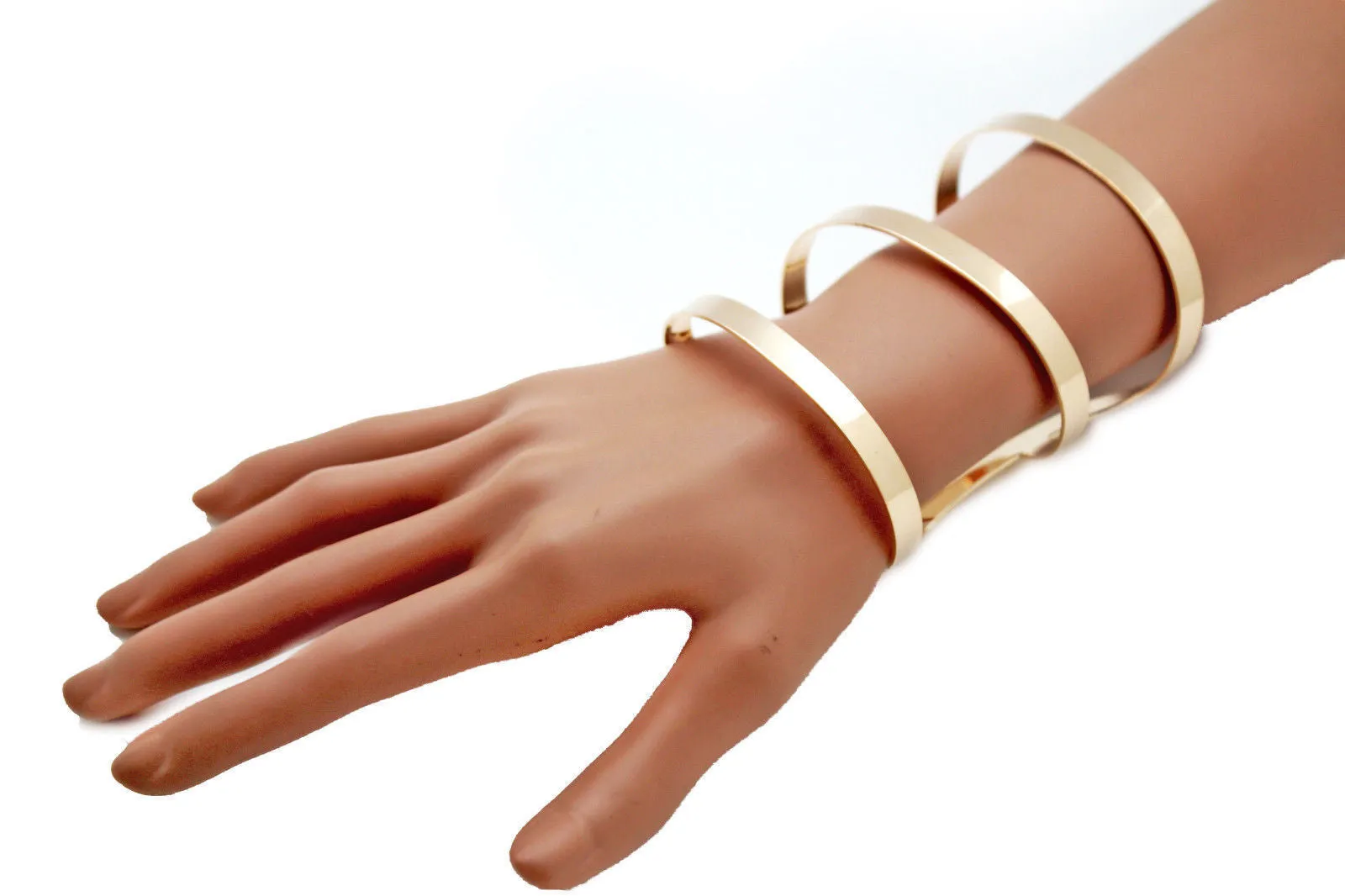 Gold Metal Bracelet Wrap Round Geometric Shapes 3 Stripes