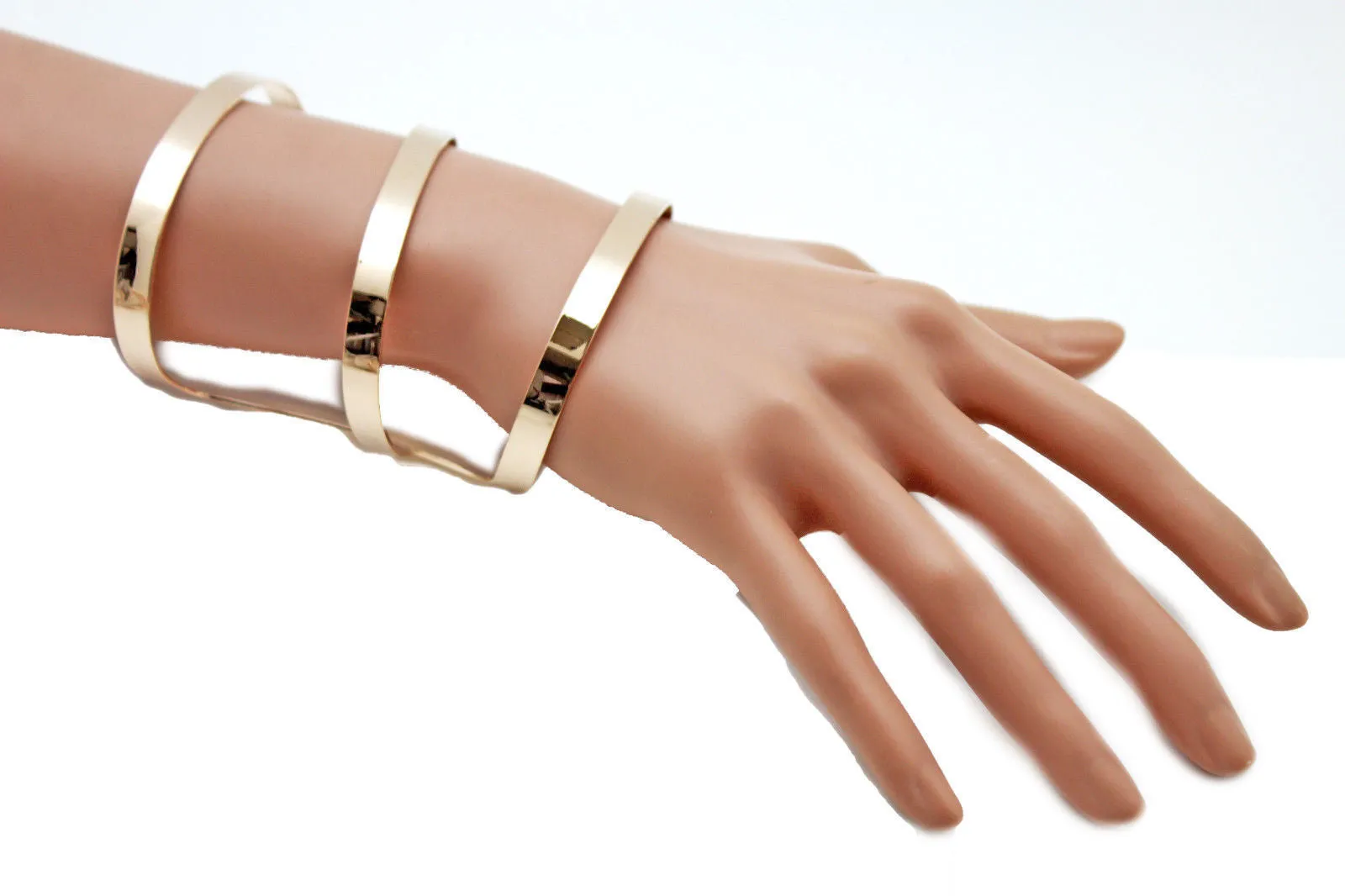 Gold Metal Bracelet Wrap Round Geometric Shapes 3 Stripes