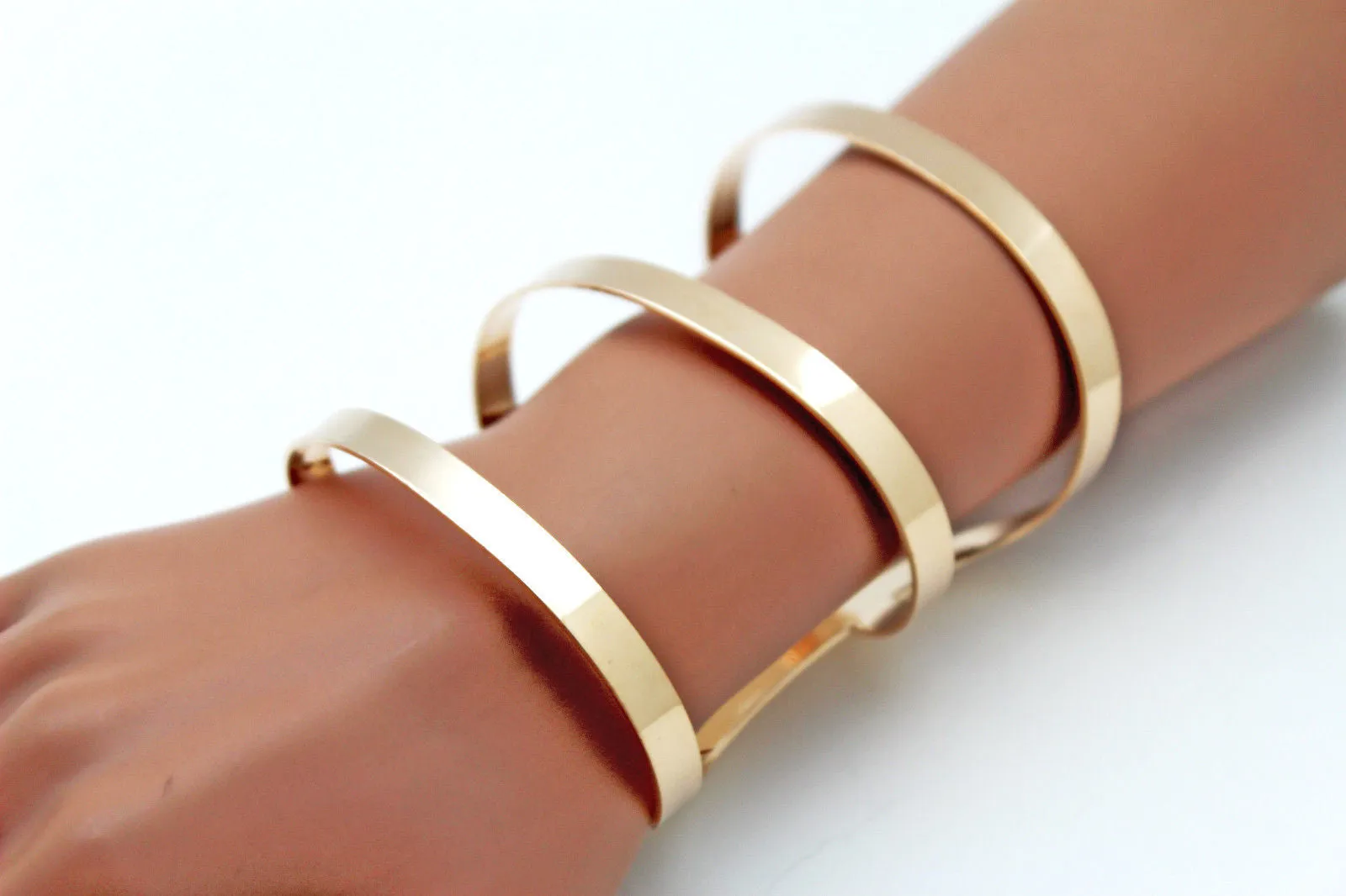 Gold Metal Bracelet Wrap Round Geometric Shapes 3 Stripes