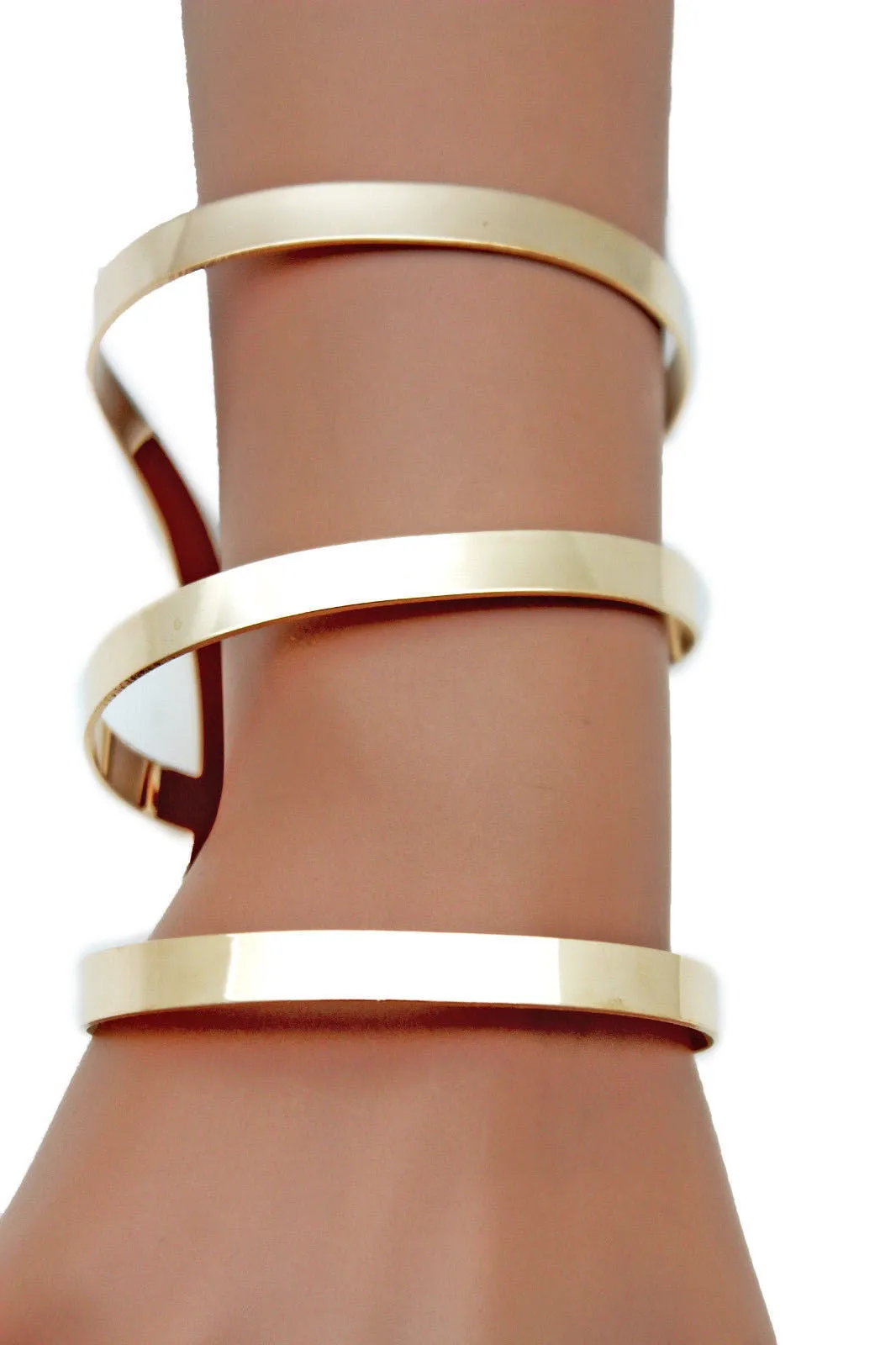 Gold Metal Bracelet Wrap Round Geometric Shapes 3 Stripes