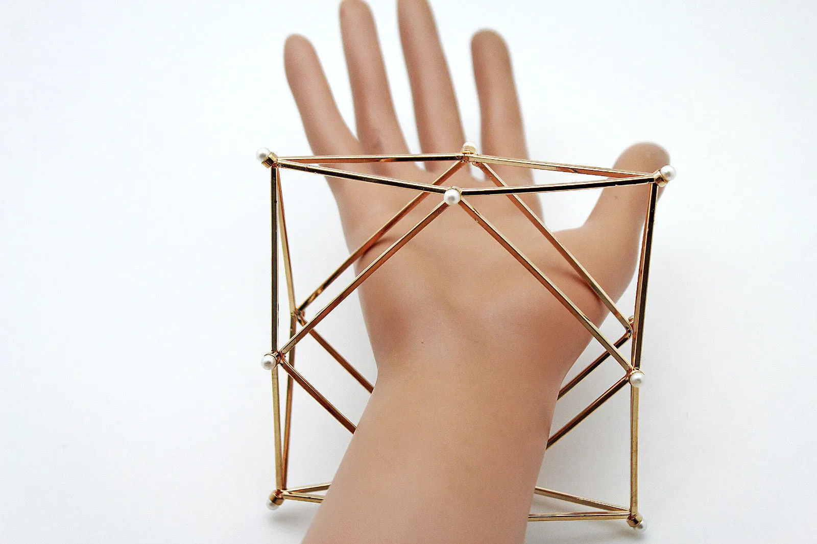 Gold Metal Cuff Bracelet Large Geometric Shape Pearl Beads