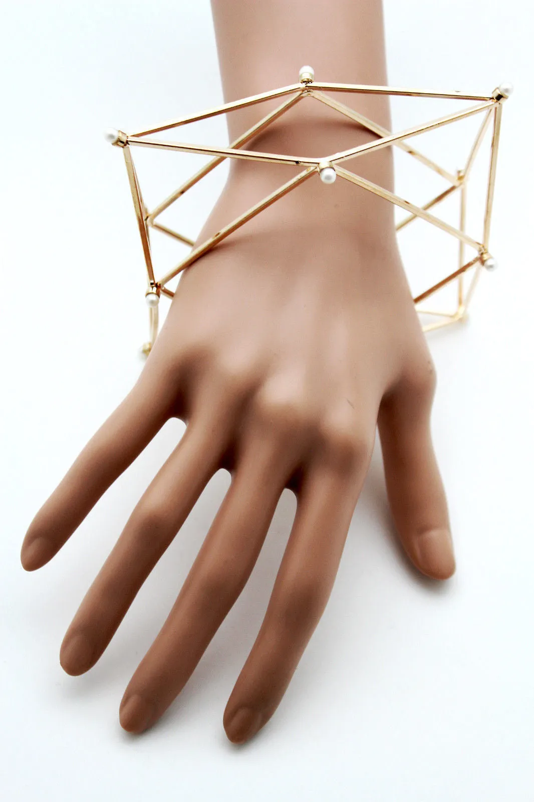 Gold Metal Cuff Bracelet Large Geometric Shape Pearl Beads