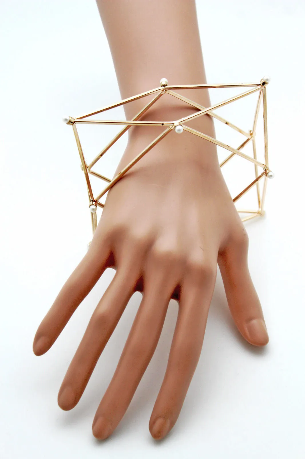 Gold Metal Cuff Bracelet Large Geometric Shape Pearl Beads
