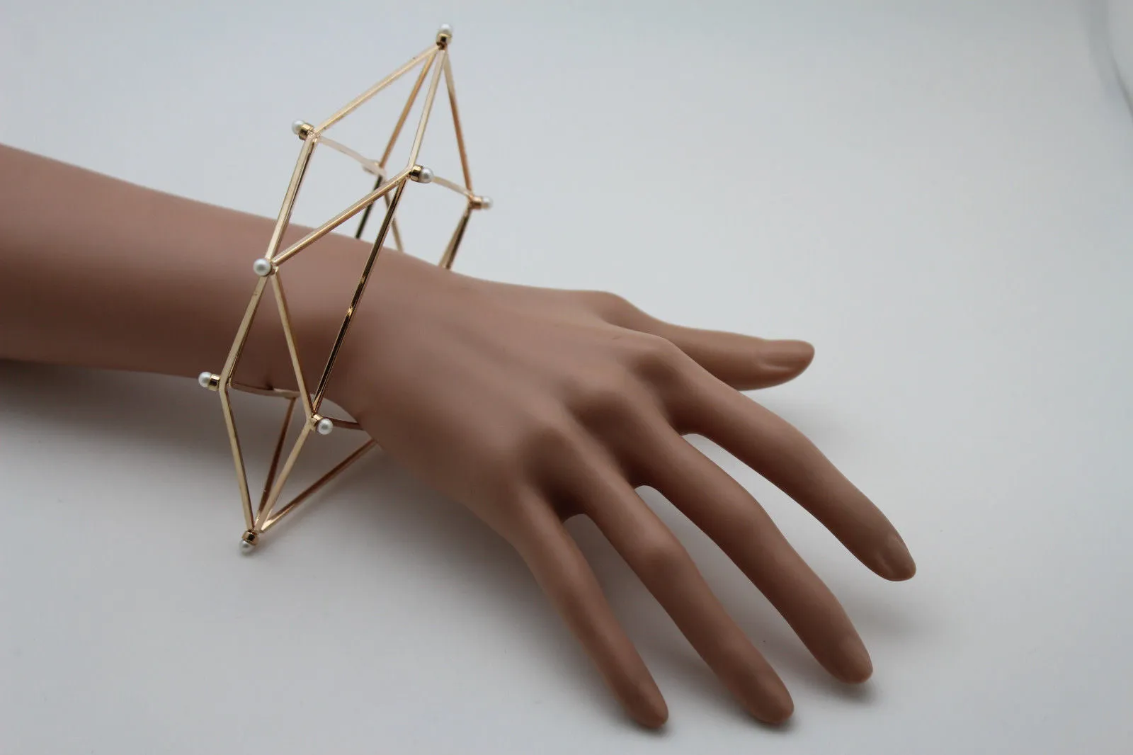 Gold Metal Cuff Bracelet Large Geometric Shape Pearl Beads