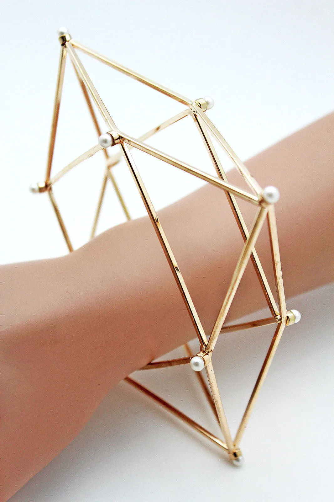 Gold Metal Cuff Bracelet Large Geometric Shape Pearl Beads