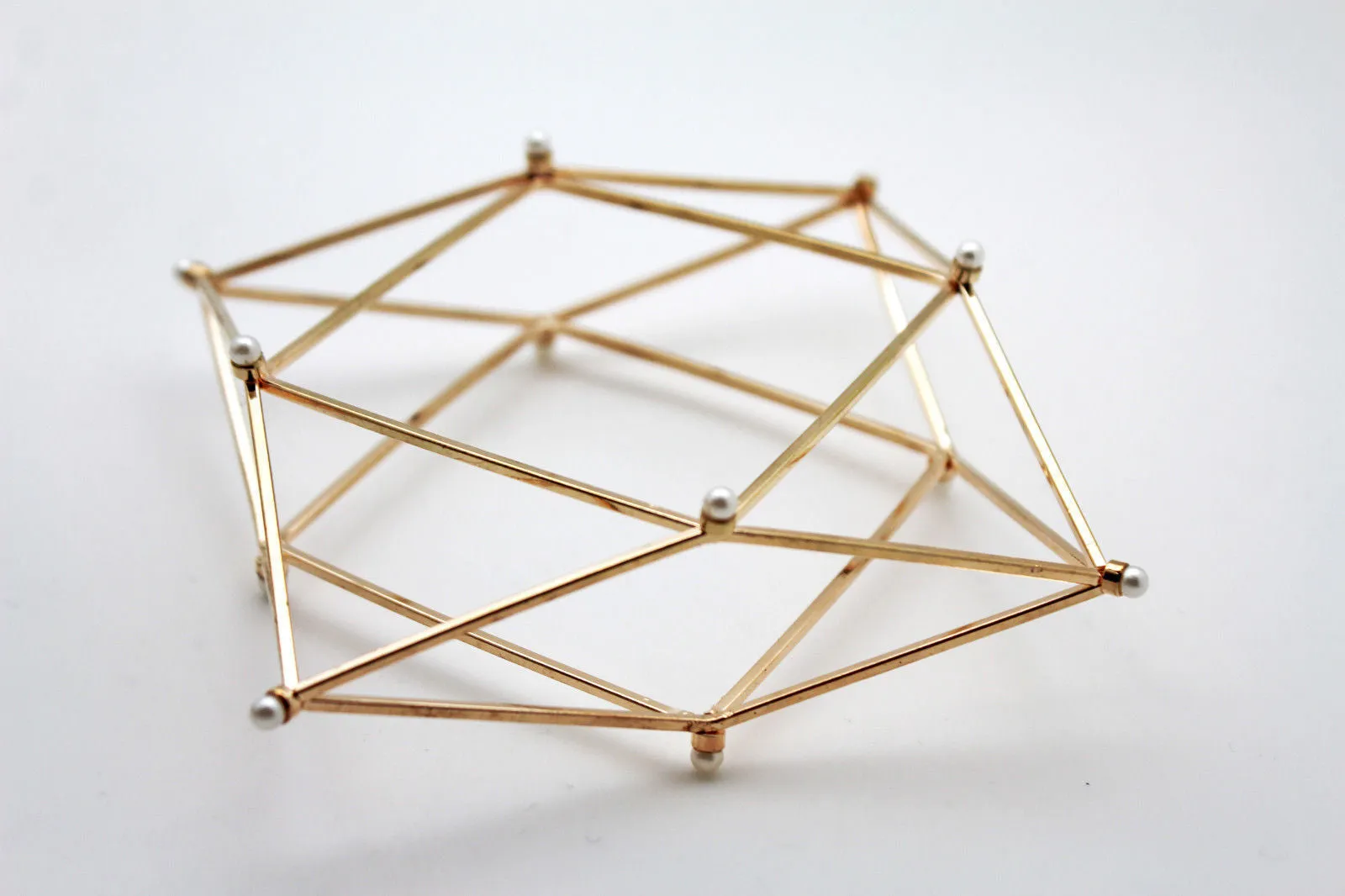 Gold Metal Cuff Bracelet Large Geometric Shape Pearl Beads