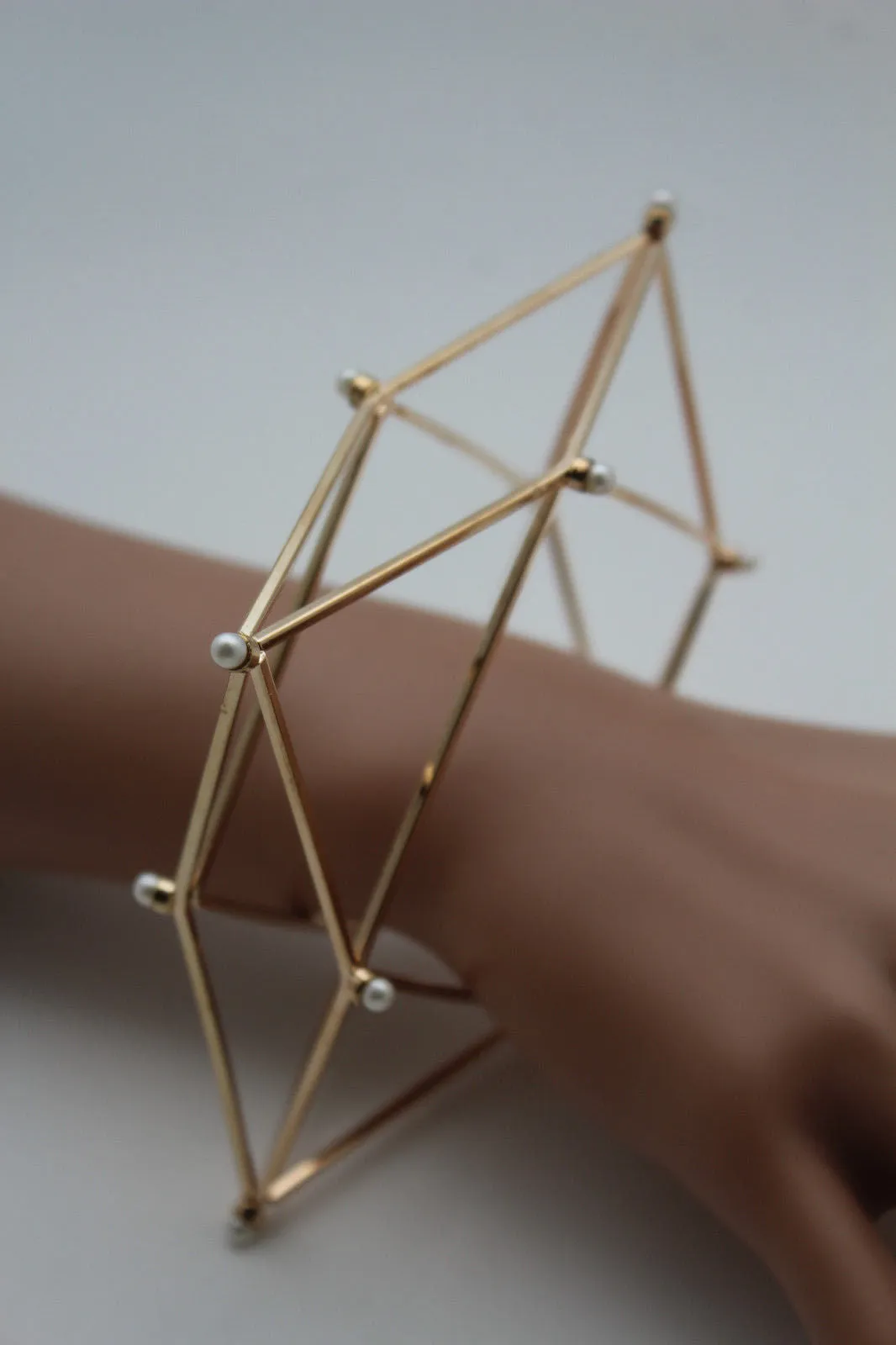 Gold Metal Cuff Bracelet Large Geometric Shape Pearl Beads