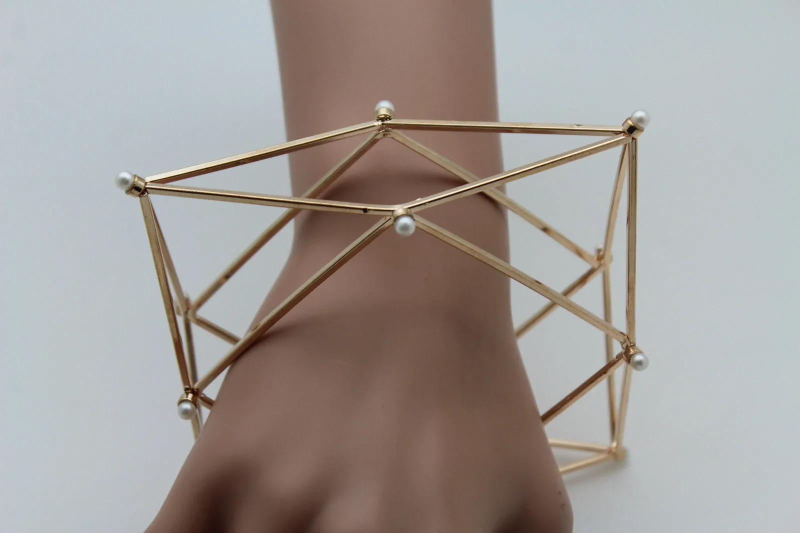 Gold Metal Cuff Bracelet Large Geometric Shape Pearl Beads