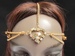 Gold Metal Head Band Forehead Big Heart Rhinestone Beads Multi Drapes Women Hair