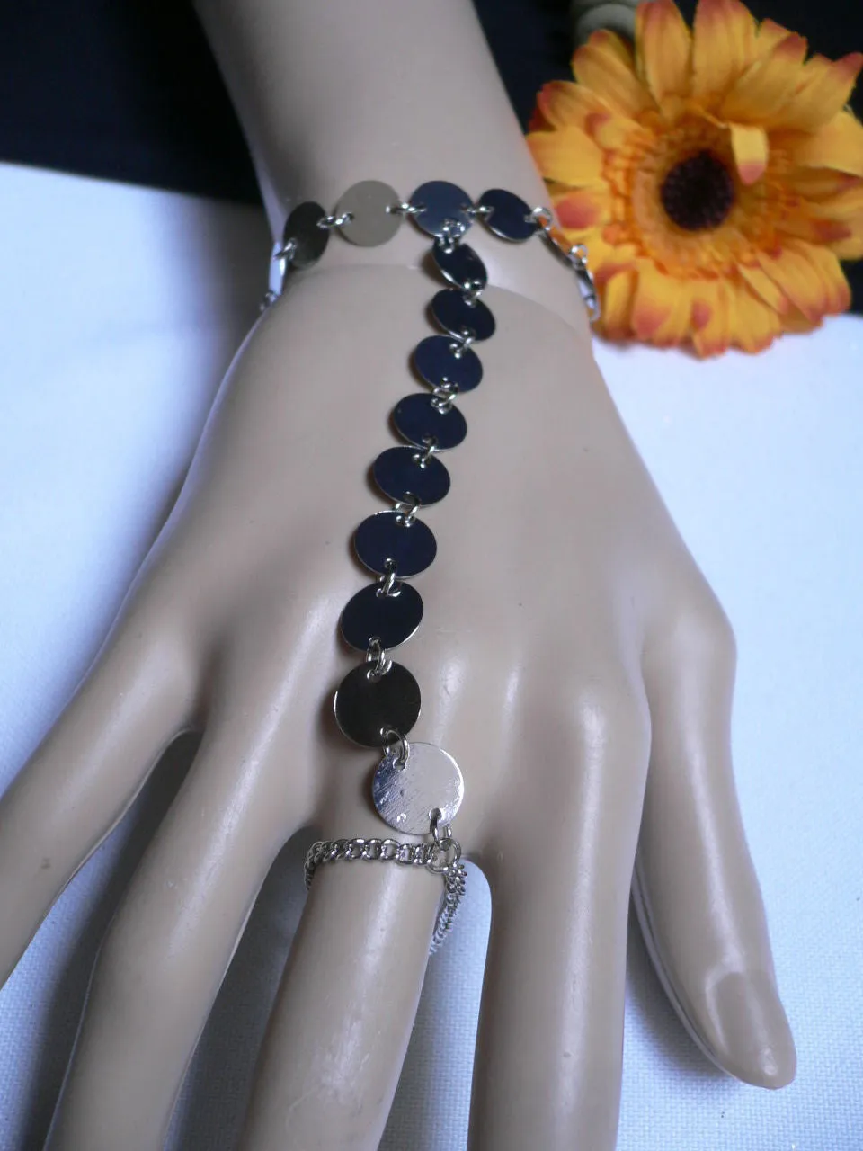 Gold Silver Metal Hand Chain Bracelet Multi Circles Women Trendy
