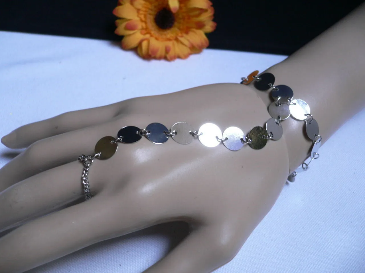 Gold Silver Metal Hand Chain Bracelet Multi Circles Women Trendy