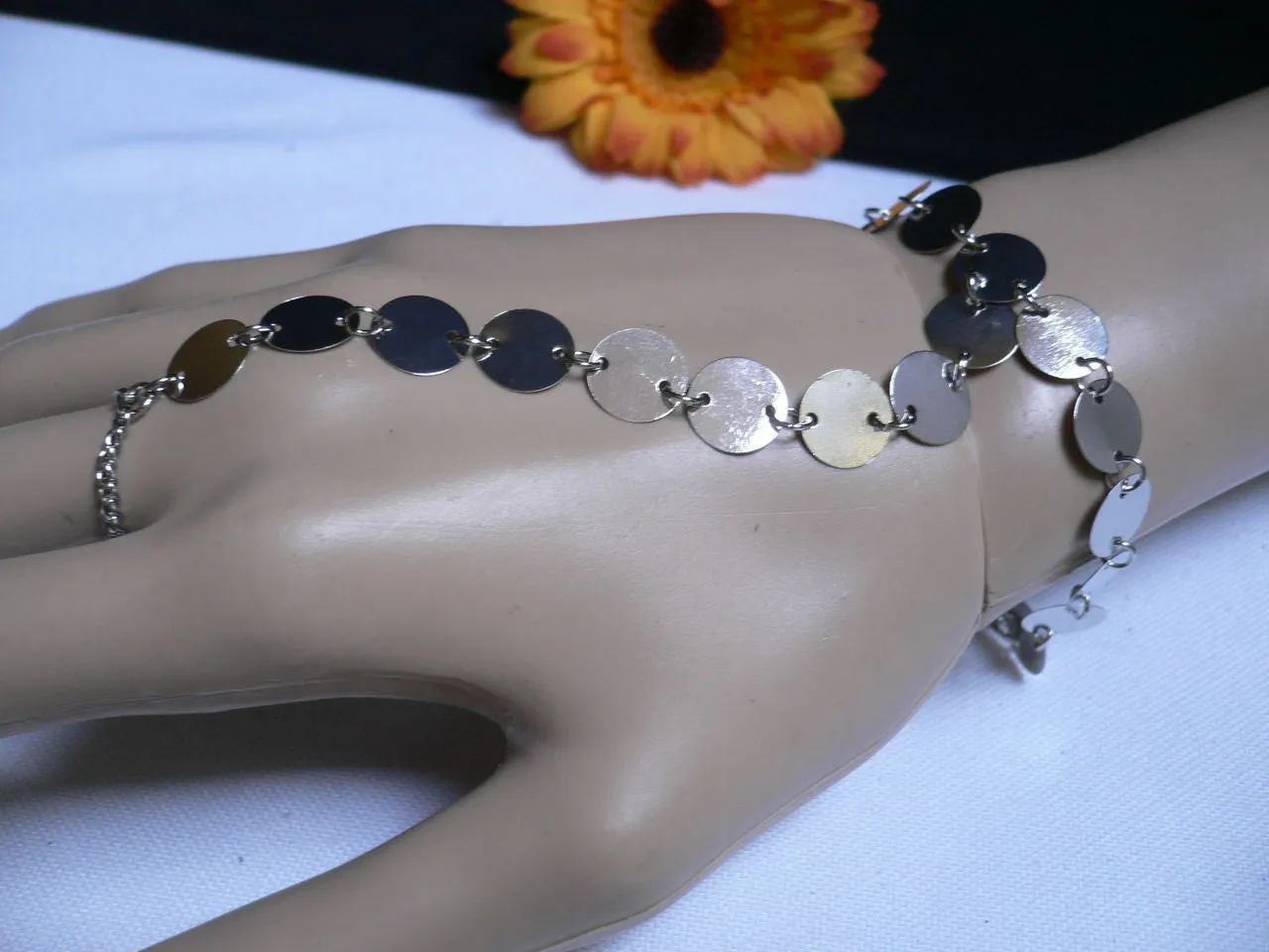 Gold Silver Metal Hand Chain Bracelet Multi Circles Women Trendy