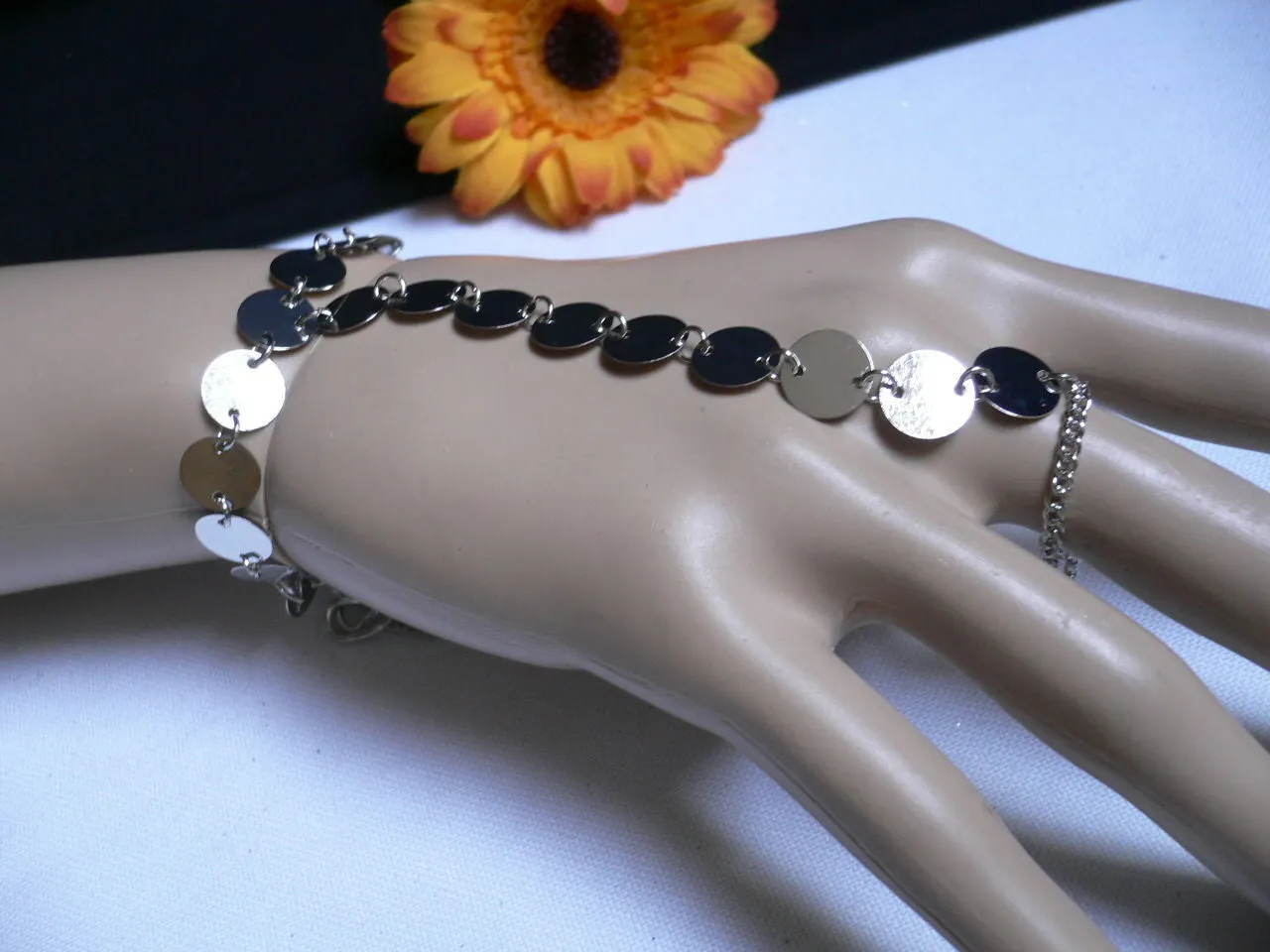 Gold Silver Metal Hand Chain Bracelet Multi Circles Women Trendy